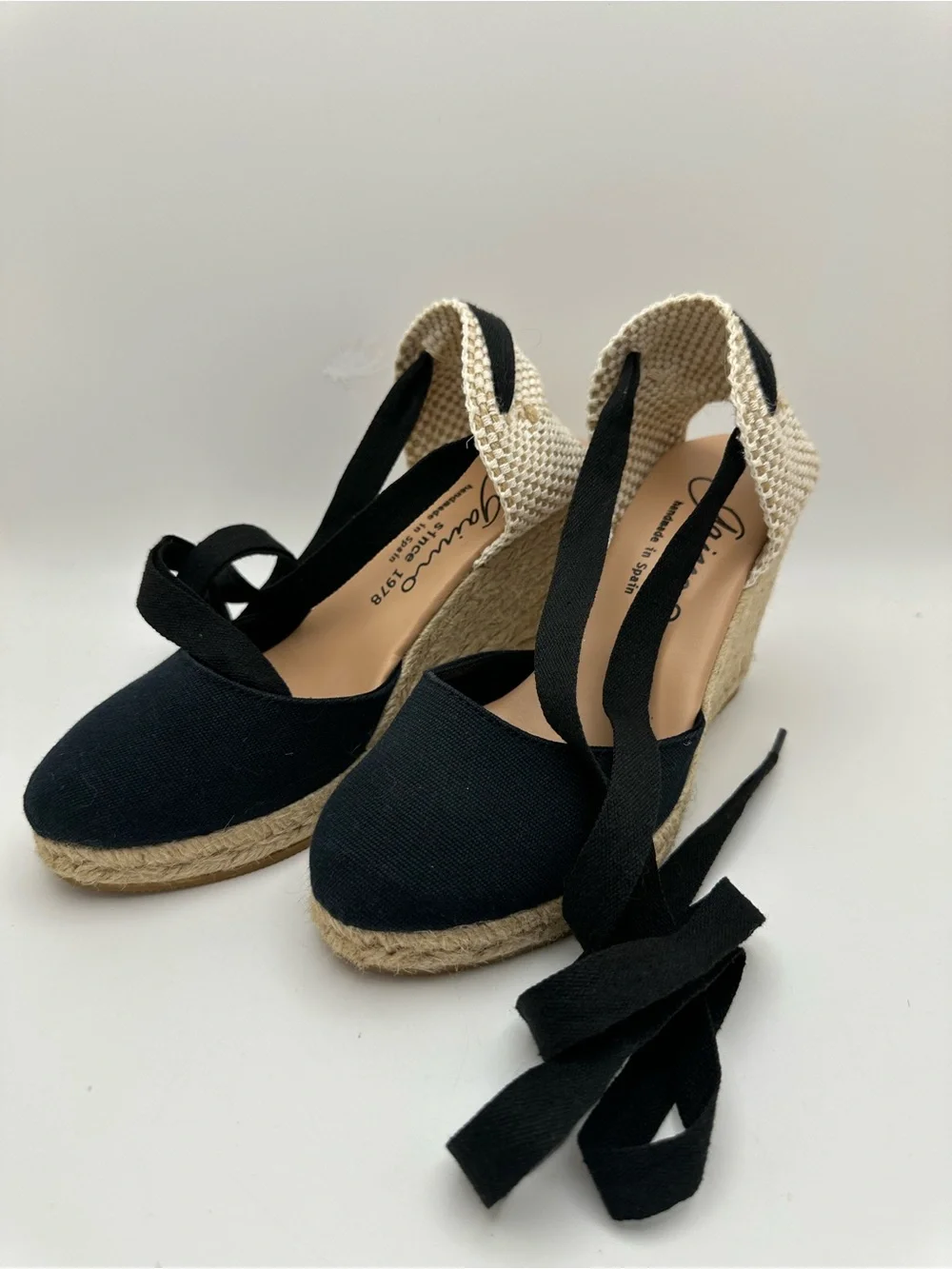 Gaimo Spain Closed Toe Women’s Black Espadrille Wedge Sandals with Ankle Wrap